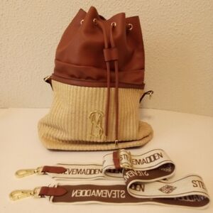 Steve Madden Brown Faux Leather Coated Straw Drawstring Cross Body Bag